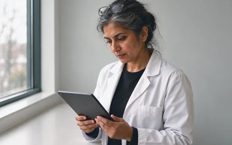 A pharmacist reads a tablet at a quiet workbench by a window.