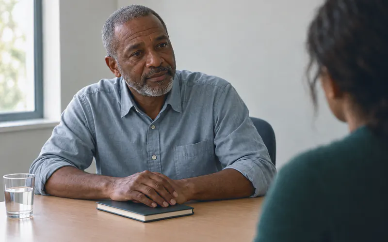 A physician listens to a patient across a plain desk.